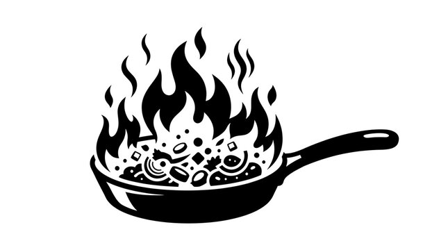 Stylized black frying pan with flames and cooking ingredients