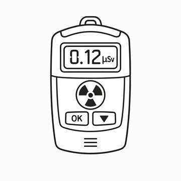 Digital radiation dosimeter device with display and symbol.