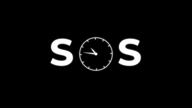 A beautiful clock animation with text SOS.Abstract representing time emergency concept icon animation on black background.4k