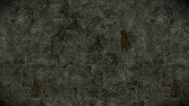 Abstract pattern background, dark charcoal grey weathered stone tiles with rough texture and damp spots, an infinite loop video background