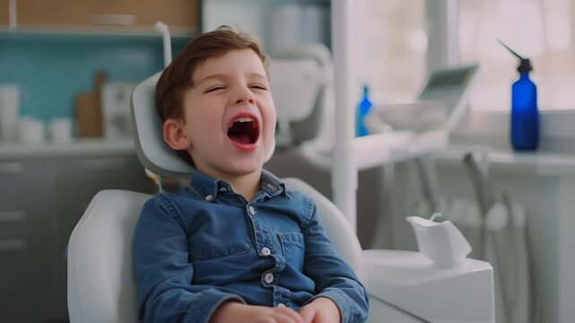 White boy opening mouth at dentist chair for oral examination, denim shirt and folded hands, wide open mouth showing teeth, clinical instruments and blue bottle in background, anxious