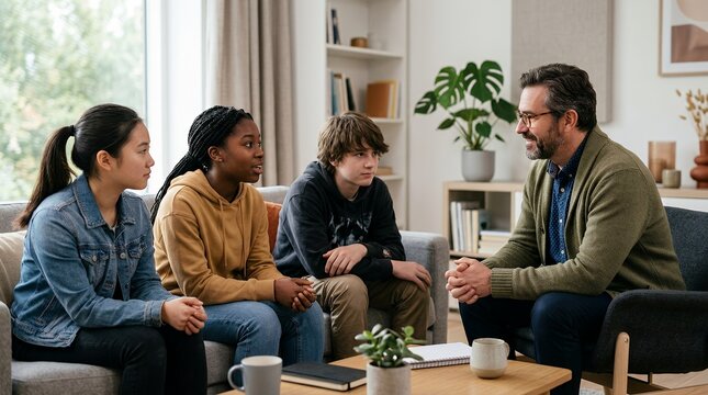 An adult male counselor or mentor engages in a serious discussion with three diverse teenagers sitting on a sofa in a modern living room setting.