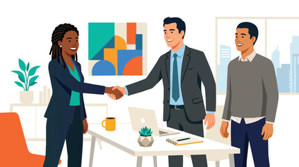 Obraz premium Corporate partnership handshake between diverse executives in modern flat vector style for business acquisition