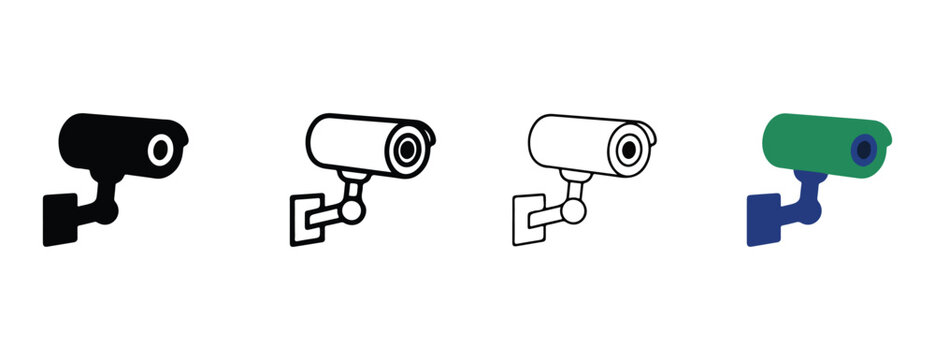 security cameras with various designs and colors on white background  isolated icons