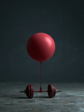 A red balloon is held down by weights in a studio setting. The balloons upward pressure creates tension against the weights below it.
