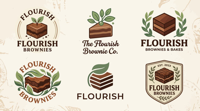 Brownie and cake bakery logo templates with botanical elements.