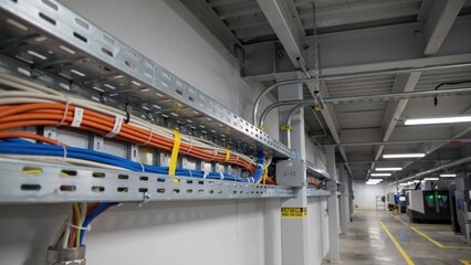 Fototapeta premium Industrial cable trays with bundled electrical wiring in a factory
