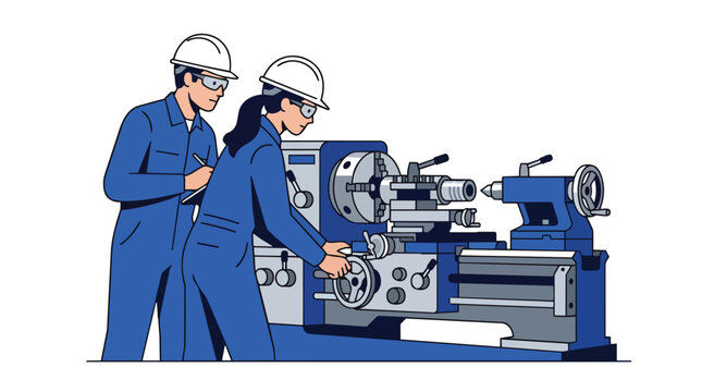 Metalworking technicians operating industrial lathe machine in clean flat vector style for manufacturing vocational training