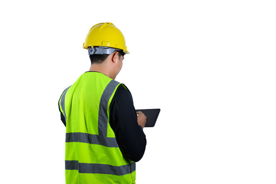 Construction Worker in Yellow Hard Hat and Safety Vest Holding Tablet, Rear View Isolated on White Background