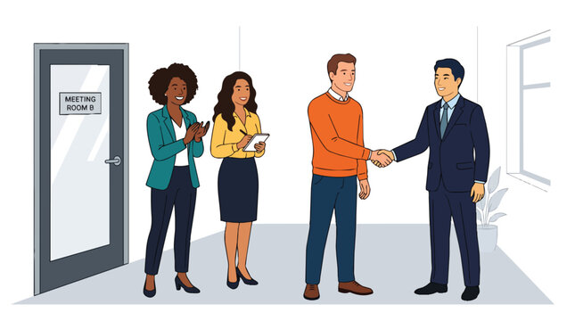 Business partnership handshake between diverse professionals in modern office hallway vector for corporate recruitment