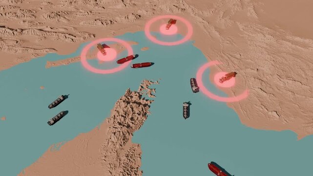 Tankers under threat, map of Hormuz strait 3D map