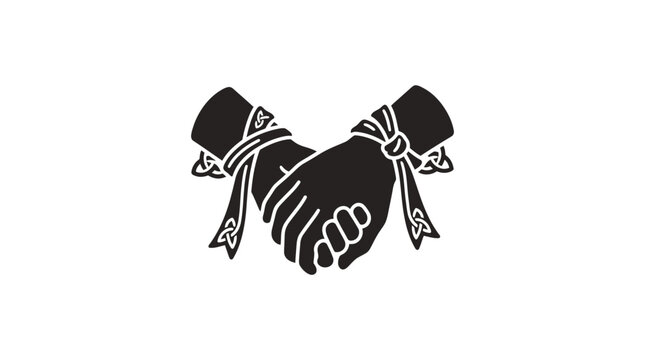 A black and white graphic illustration of two hands bound together by ribbons.