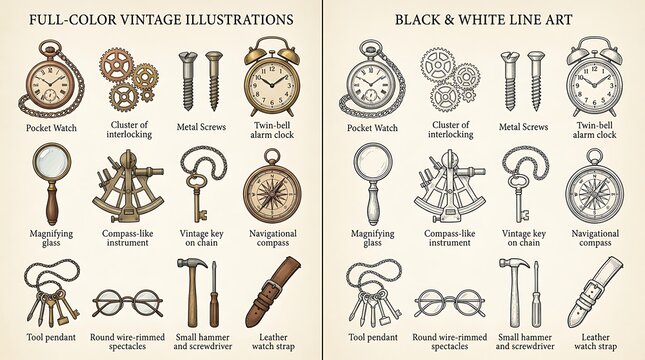 A collection of assorted retro themed drawings displaying both colored and monochromatic ink renderings of historical mechanical devices alongside everyday antique household items for classic