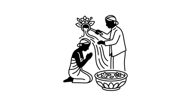 Line art illustration of a traditional Javanese ritual bathing ceremony known as Siraman.