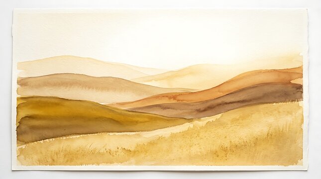 An earthy watercolor painting depicts rolling hills under a soft golden sun in a scenic landscape inspired by the peaceful tranquility found within the natural beauty of expansive desert