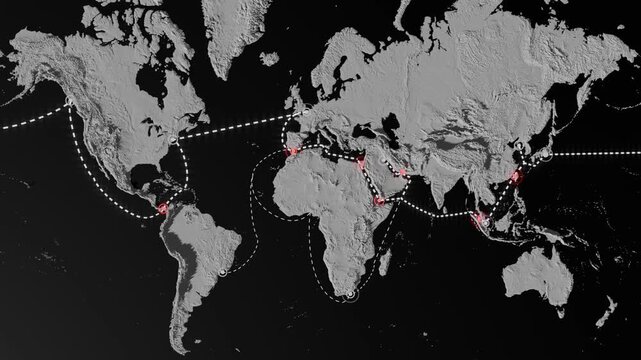 Global maritime shipping routes map with ports and straits, 