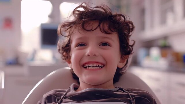 curly boy smiling in dental chair, bright clinic interior, pediatric checkup, dentist tools blurred background, joyful laughter, closeup portrait conveying trust and relief