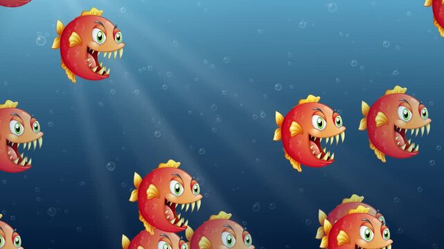 Cartoon Piranha Fish Swimming in Blue Underwater Ocean Current