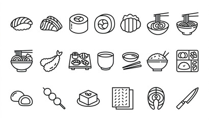 Traditional Japanese Cuisine Outline Icon Set with Sushi Rolls Ramen Udon and Bento Vector Pack © Munnat