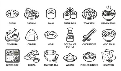 Japanese Food Line Icon Set with Sushi Ramen Tonkatsu Bento and Traditional Cuisine Outline Vector Collection © Munnat