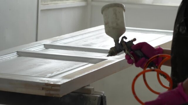 Workshop working process, craftsperson painting fully refurbished wooden door with spray gun, skilled painter applying professional technique for smooth finish without brush marks on surface.