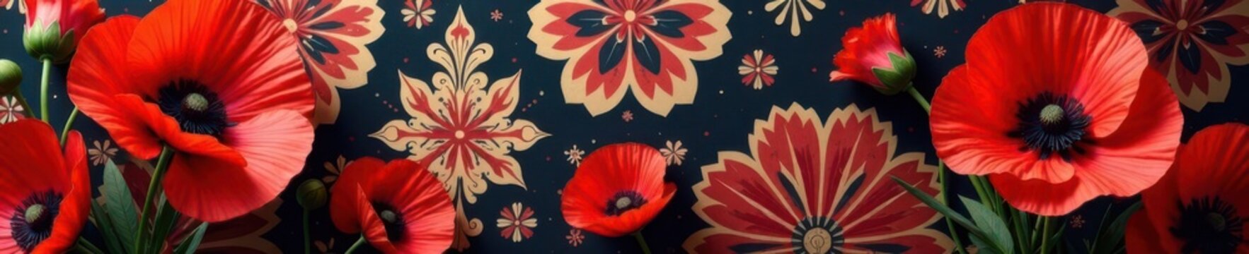 Bold cardinal red poppies on damask wallpaper, vintage, surface, wallpaper