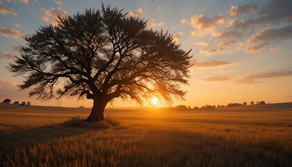 Fototapeta premium Silhouette of Large Tree at Sunset in Open Field with Golden Light and Cloudy Sky