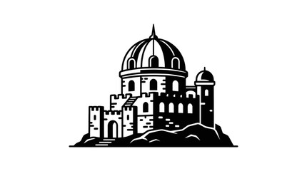 Obraz premium A detailed black and white illustration of a medieval castle with a prominent central dome.