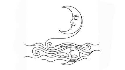 Serene Crescent Moon Face Reflection in Wavy Water Line Art © Joni