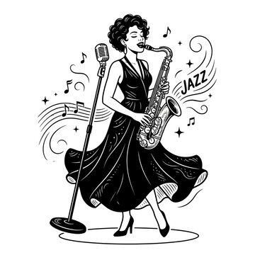 Jazz Singer Woman Playing Saxophone at Vintage Microphone