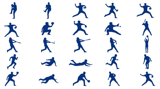 Baseball silhouette character sheet featuring multiple player action poses including pitching, batting, catching, running, and fielding. Clean black vector collection for sports graphics and infograph