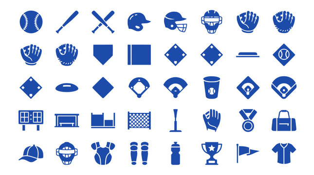 Minimalist baseball silhouette icon sheet featuring 30 sports equipment and field symbols. Clean black vector collection for infographics, mobile apps, websites, scoreboards, presentations, and print 