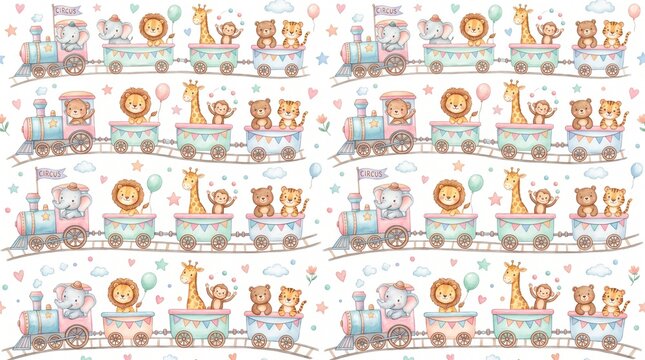Seamless Watercolor Pattern of Baby Animals on a Circus Train