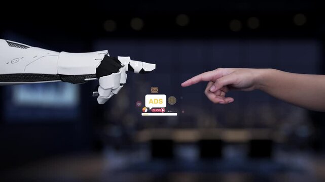 A modern advertisement concept showcasing a robotic hand engaging with digital marketing icons, emphasizing the fusion of technology and business strategy for maximum impact. Synapse
