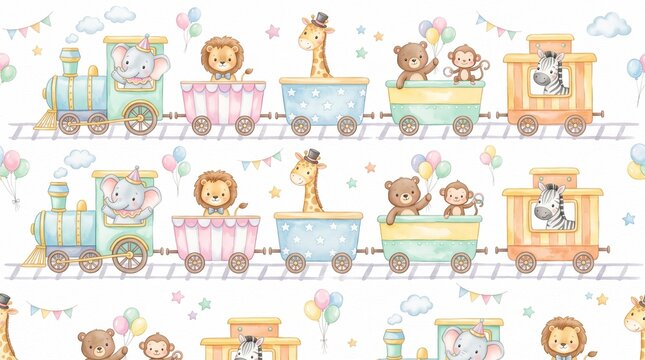 Watercolor Baby Animals on a Toy Train Seamless Pattern for Nursery