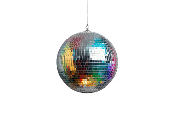 Fototapeta premium Disco ball hanging, reflecting colorful lights, symbol of celebration, party, night club, and retro music