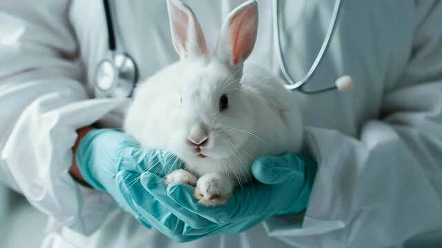 veterinarian holding white rabbit in clinic, veterinary technician performs gentle examination with teal gloves and stethoscope, closeup of soft fur and paws, sterile clinical lighting,