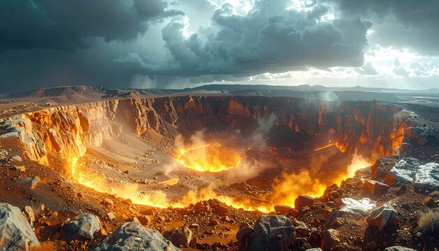 A vast volcanic crater glows with molten lava under stormy skies.