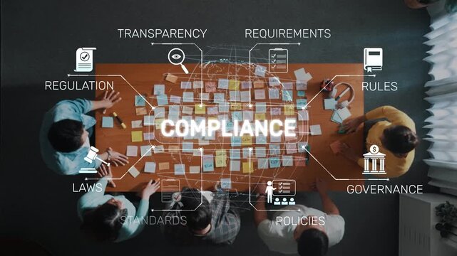 A group of professionals collaborates on compliance strategies, focusing on transparency and governance, using sticky notes and digital tools in a modern workspace. Raster