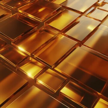 Translucent amber glass panels float in layered formations with golden sunlight, evolving caustic light patterns and realistic refractions, creating elegant luxury interior branding background.