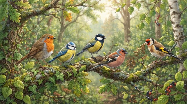 Vibrant wild birds including robin and tits gathering on a woodland branch with green leaves and berries.