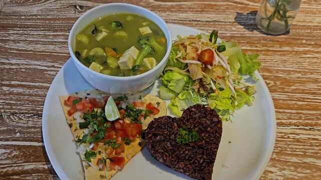 Camera panning over a healthy vegan meal set with heart-shaped brown rice, green tofu curry and fresh salad at a Bali cafe. Wholesome cafe concept.