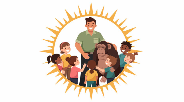 man and kids with monkey, sunny day