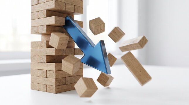A close-up conceptual business risk and collapse scene featuring a large wooden block tower in the middle of collapsing as several natural wood blocks fall outward across a clean white surface.