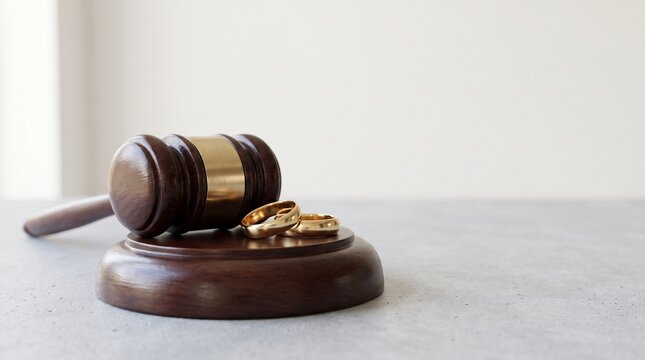 Close-up of a polished wooden judge's gavel resting on a circular sound block beside two elegant gold wedding rings, symbolizing divorce, marriage law, legal separation, family court, mediation