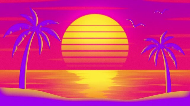 Retro Synthwave Background Animation with Tropical Beach Sunset and Palm Trees