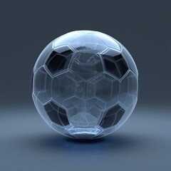 Fototapeta premium Elegant crystal soccer ball 3D render with transparent hexagonal facets against a dark cinematic studio backdrop