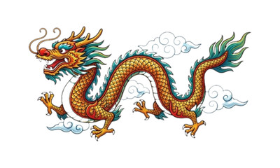 Fototapeta premium Golden Chinese Dragon Flying with Clouds Vector Illustration