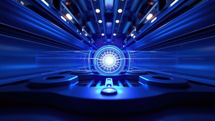 Fototapeta premium Futuristic tunnel glows intensely. Bright light emanates from center, creating dramatic perspective. Dark blues dominate composition.