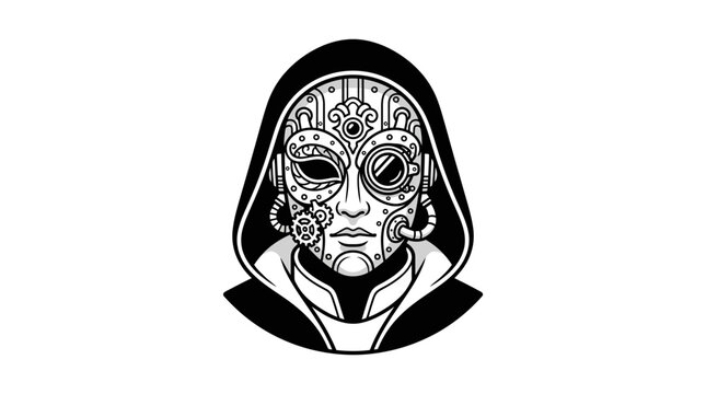 Black and white illustration of a mysterious hooded cyborg character.